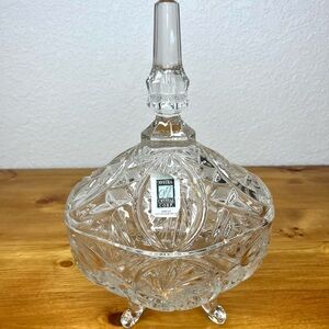 Vtg Avitra Lead Crystal Oval Pedestal Candy Dish Bowl With Lid Made In Bulgaria